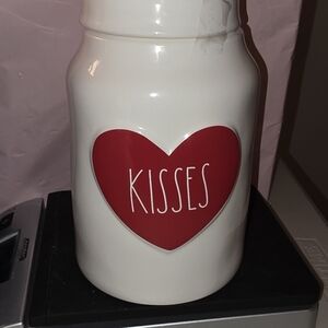 Rae Dunn Red Heart Kisses Jar - White